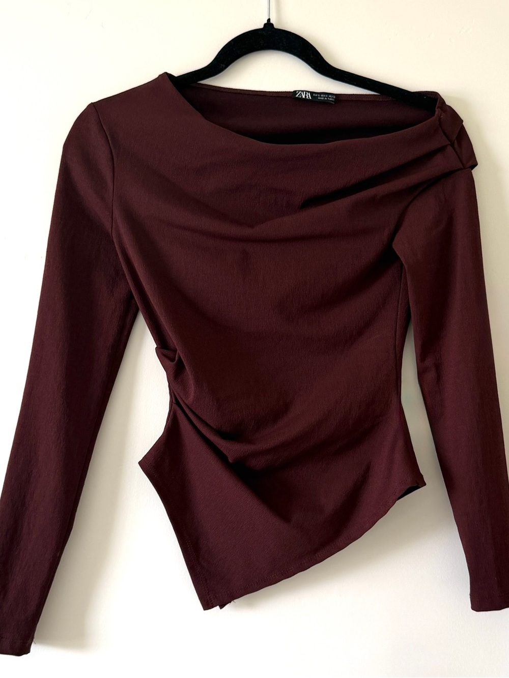 Zara Deep Burgundy Asymmetrical Long-Sleeve Top